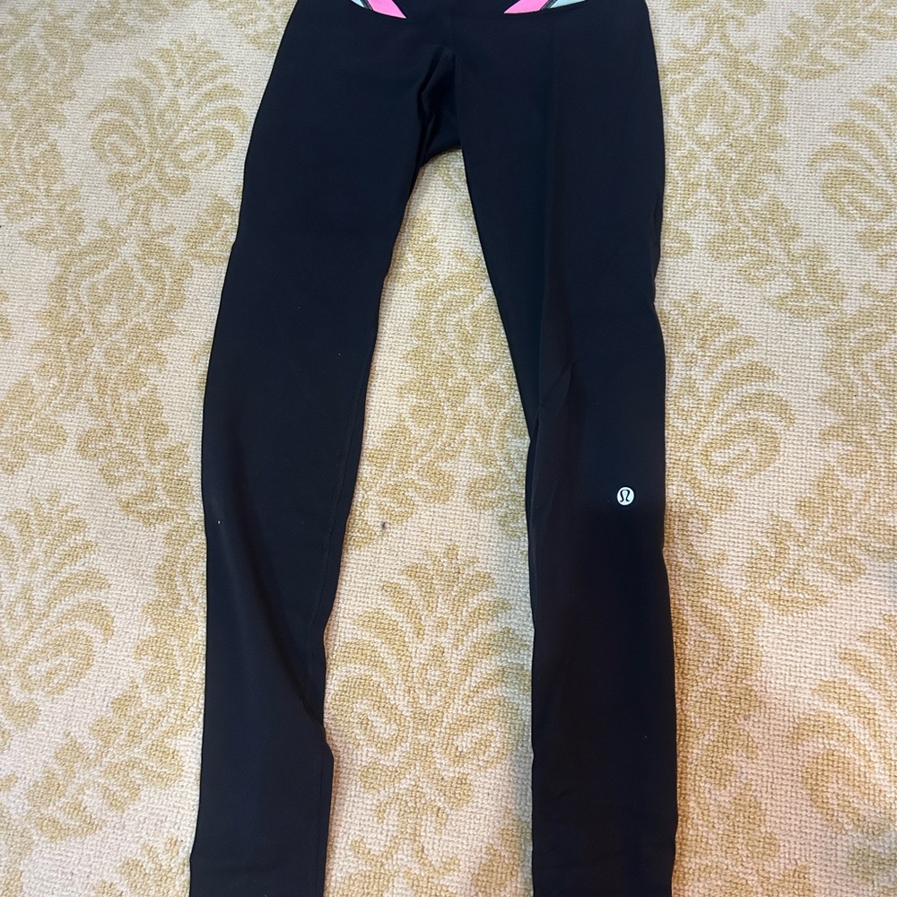Lululemon Black Leggings with Pink and Green Accents